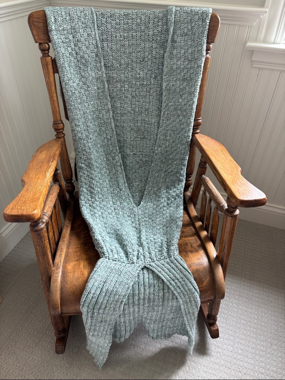 Mermaid Design Cozy Knit Blanket - Mint Green, Gray, and White